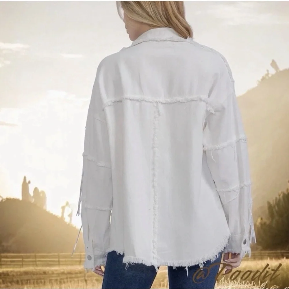 BLUE VELVET off white denim sequin and bead fringe detail Shacket/top size S M L - Picture 3 of 10